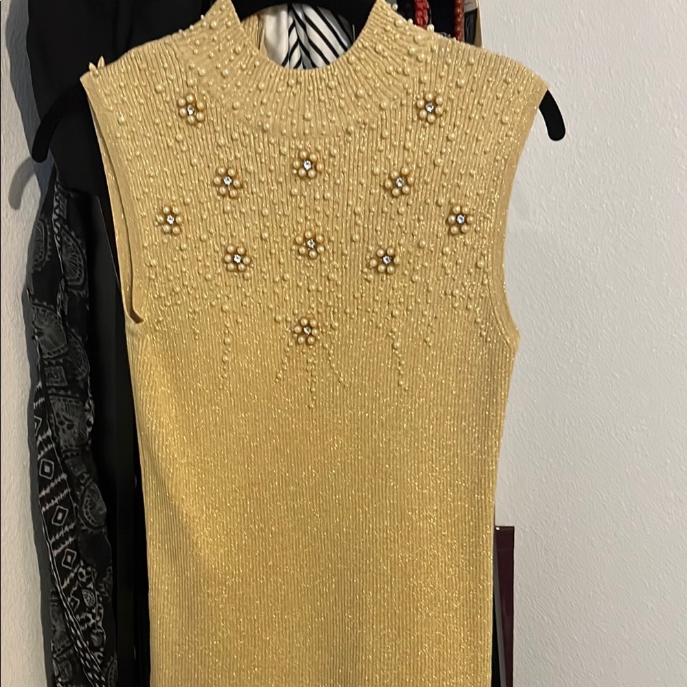 Lauren Michelle Yellow Embellished Sleeveless Mock Neck Top